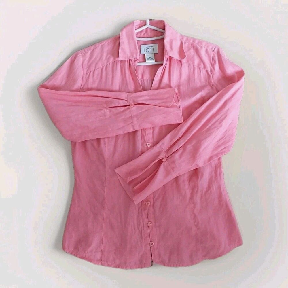 Ann Taylor Loft Shirt Blouse Womens XS/S*Pink 100%Linen LongSleeve Button Barbie